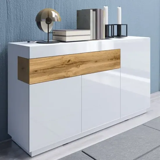 Sioux High Gloss Sideboard 3 Doors 1 Drawer - White, Oak