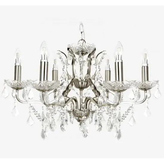 Six Light Chandelier with Crystal Drops - Satin Silver