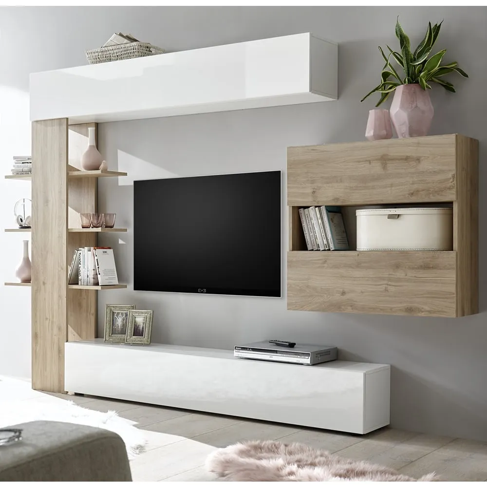 Solana Wall Entertainment Unit - White, Cadiz Oak