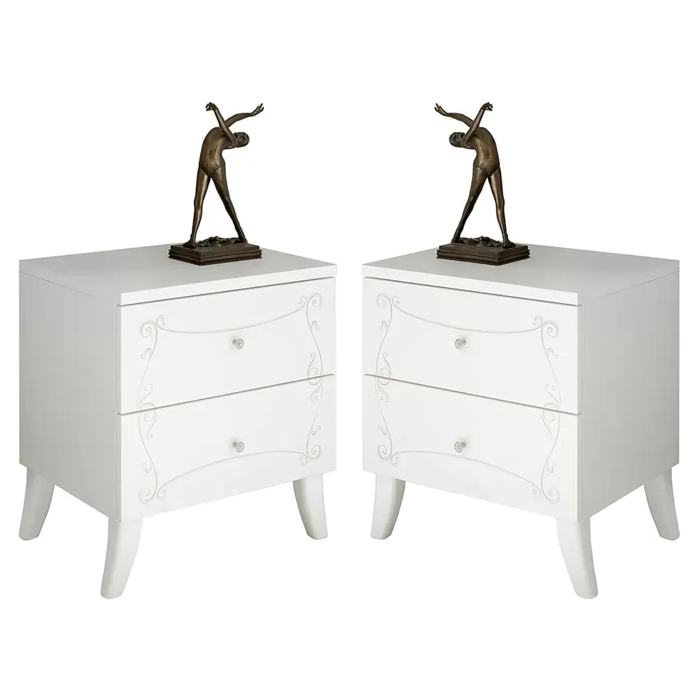 Solar Wooden Bedside Cabinets Pair - Serigraphed White
