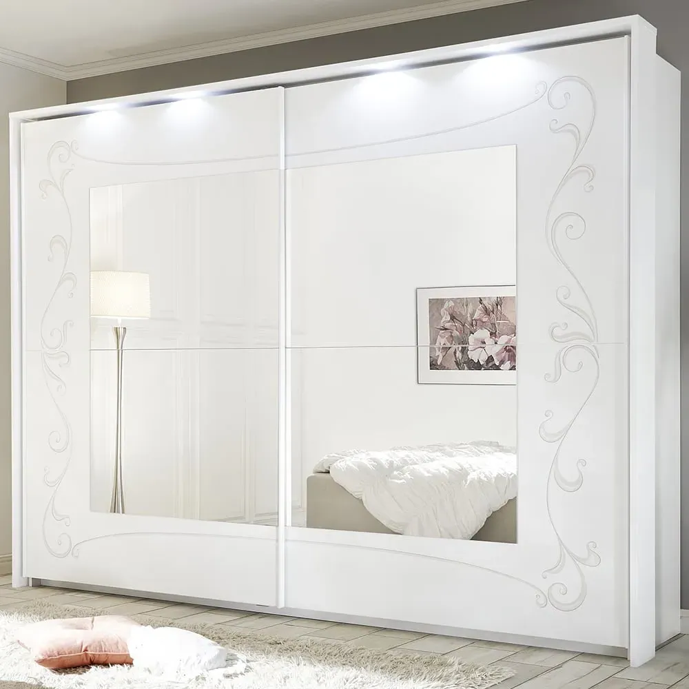 Solar Wooden Wardrobe with Mirror and LED - Serigraphed White