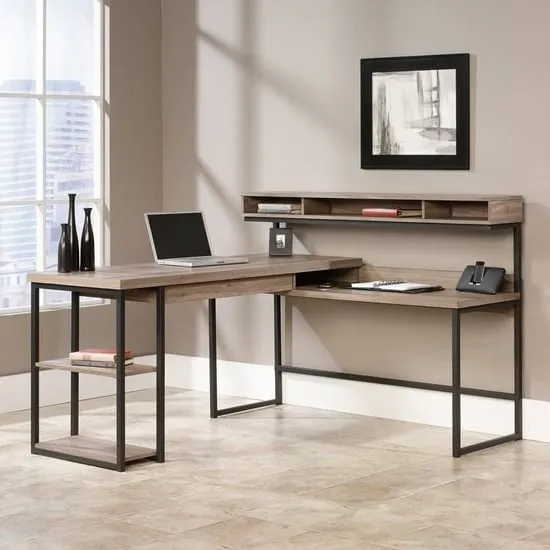 Soldotna L-Shaped Laptop Desk with Storage - Salt Oak