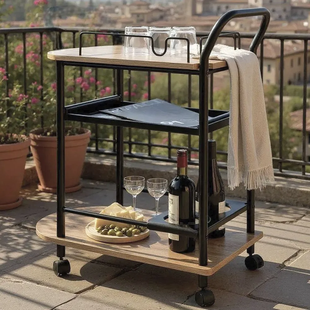 Solna Two-Tier Drinks Serving Trolley - Oak, Black Metal product