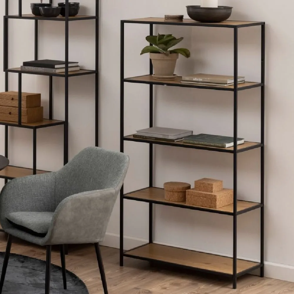 Sparks Tall 4-Shelf Bookcase with Metal Frame - Black, Oak