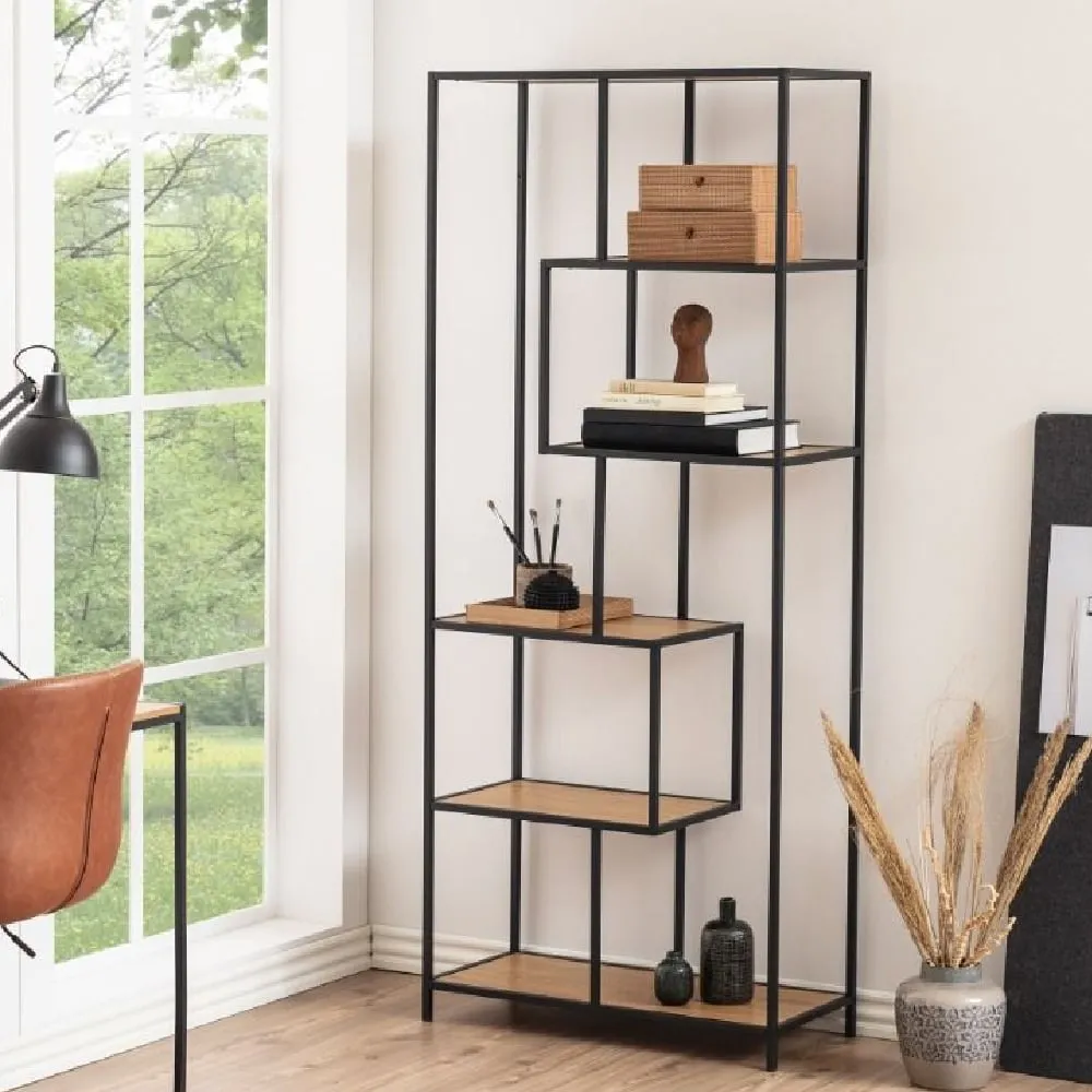 Sparks Tall 5-Shelf Bookcase with Metal Frame - Black, Oak