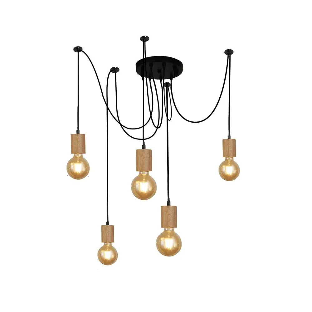 Spinny 5 Light Pendant Light - Black, Wood