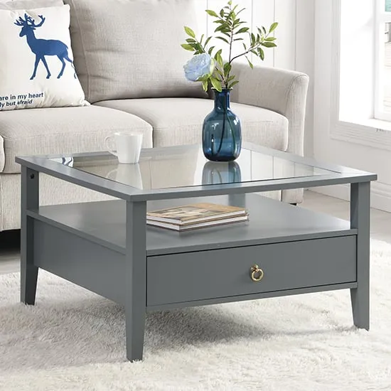 Stanley Square Glass Coffee Table with 2 Drawers - Grey image