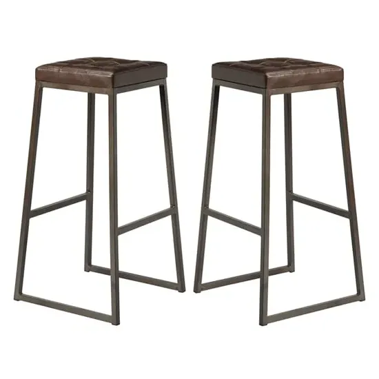 Steeple Raw Metal Frame Bar Stools Pair - Brown, Faux Leather image