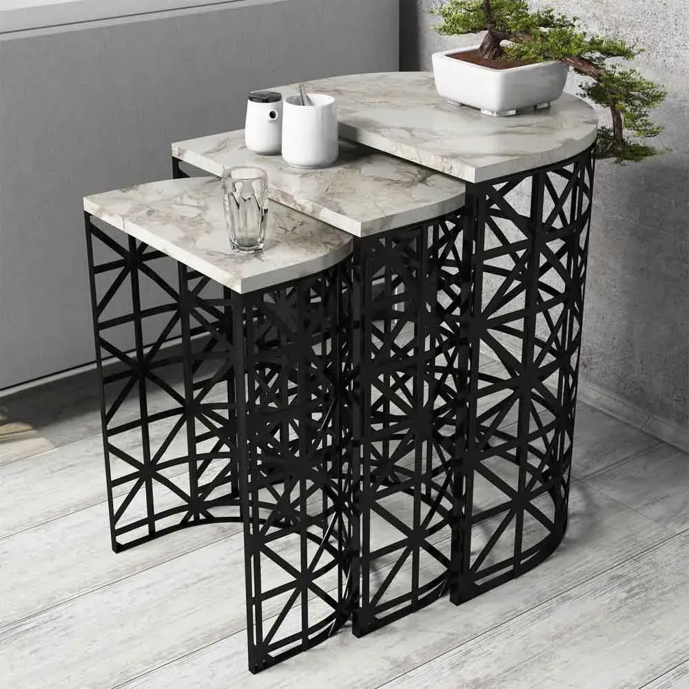Stil Nesting Side Tables with Black Metal Base - White Marble Effect product