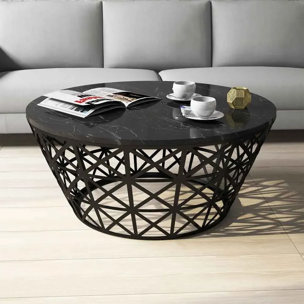 Stil Round Coffee Table with Metal Base - Black Marble Effect product