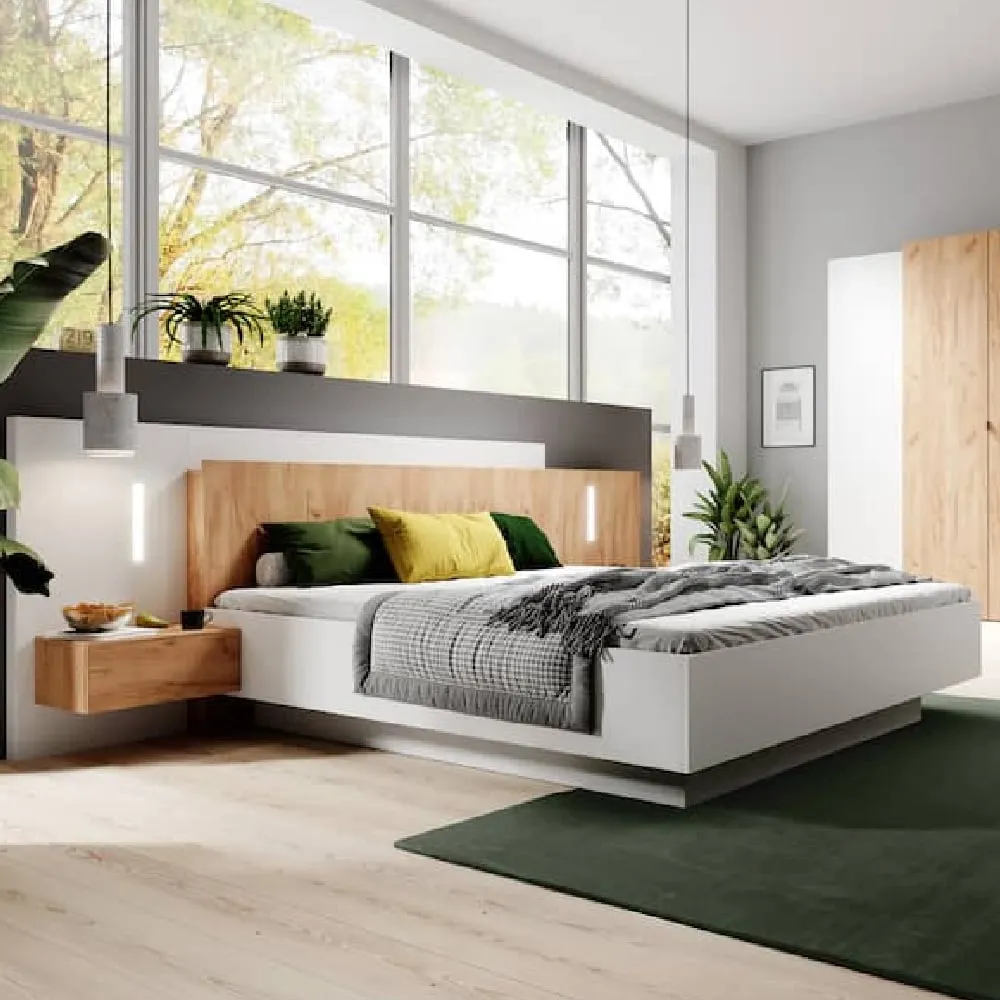 Sturgis Ottoman King Size Bed with LED - White, Oak