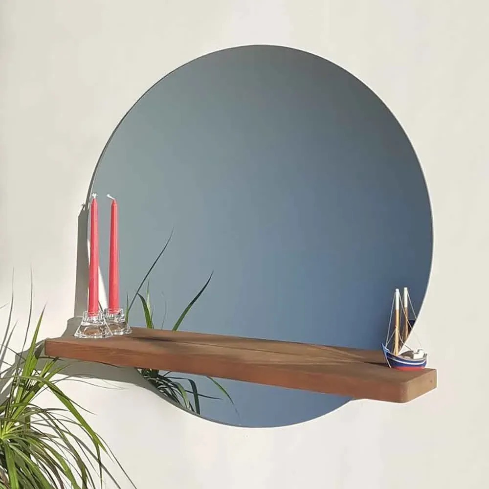 Sunset Glass Wall Mirror with Shelf - Walnut, Pine Wood product