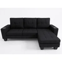 Sutton L-Shaped Corner Sofa with Cupholder - Black, Fabric alternate view