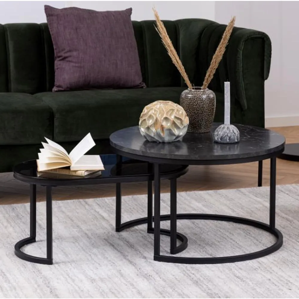 Suva Round Nesting Coffee Tables - Black, Wood Glass
