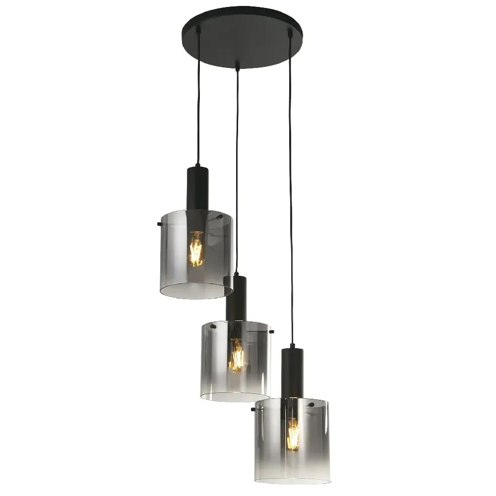 Sweden 3 Light Multi Drop Pendant Light - Black, Smoked Glass image