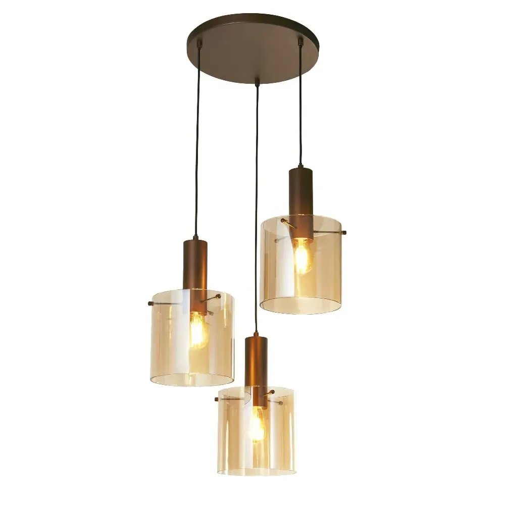 Sweden 3 Light Multi Drop Pendant Light - Mocha, Amber Glass