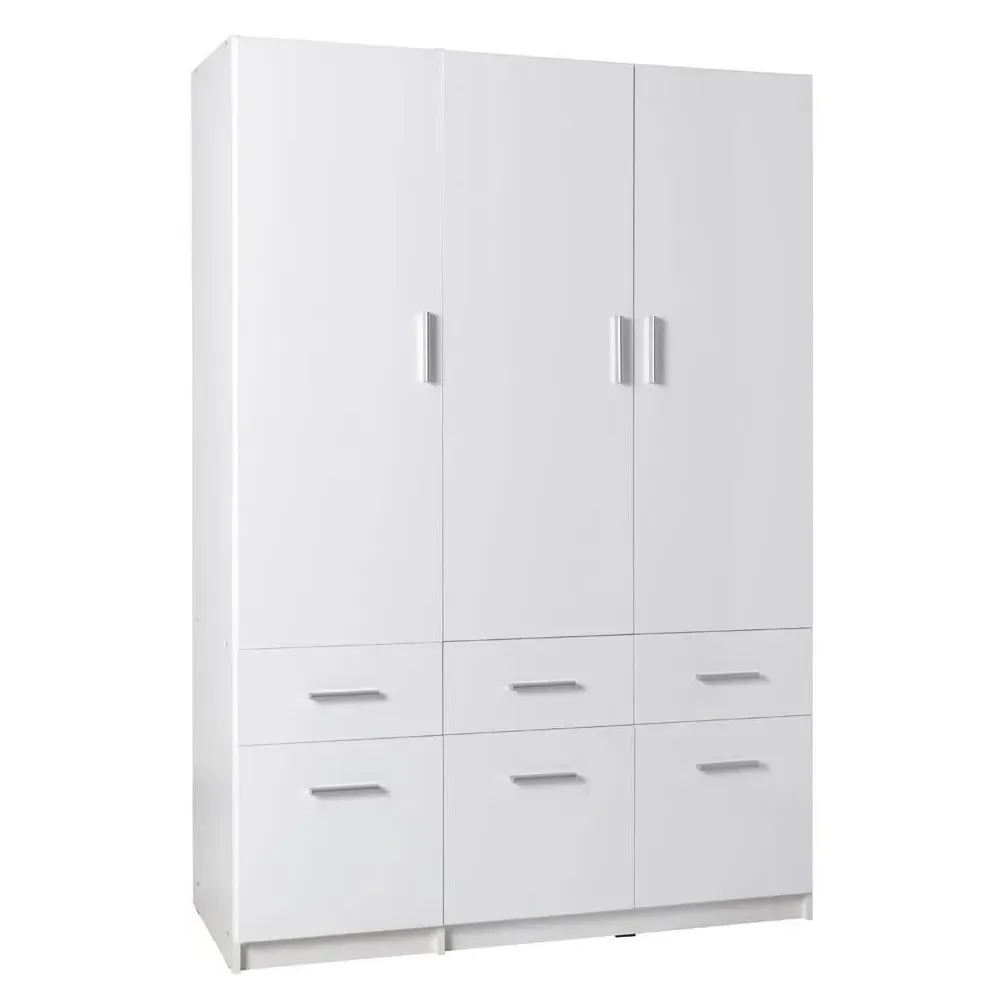 Swift 3-Door Wardrobe with 6 Drawers - White, High Gloss