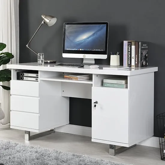 Sydney Computer Desk with 1 Door 3 Drawers - White, MDF