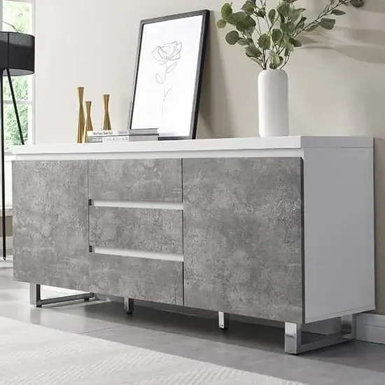 Sydney Large Sideboard with 2 Doors 3 Drawers - White, Concrete