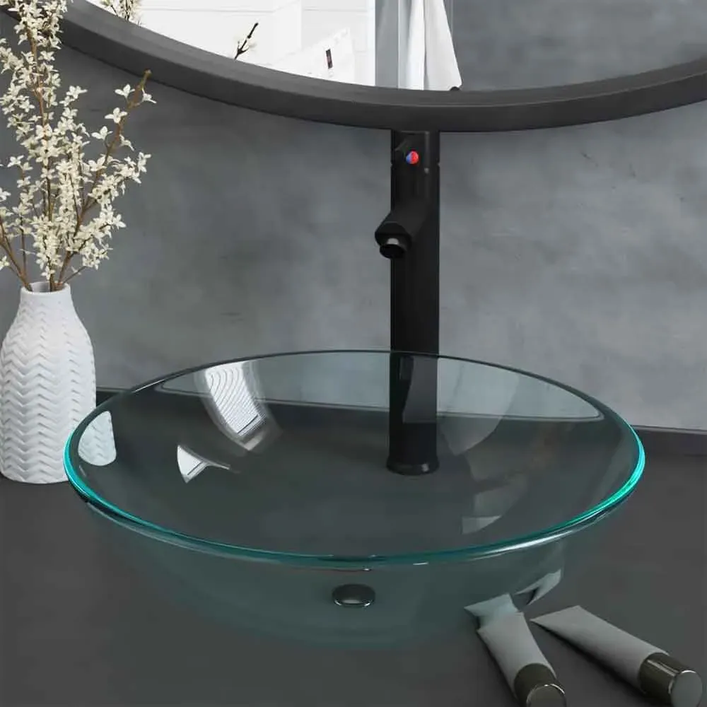 Tacoma Round Countertop Basin with Black Tap & Waste - Clear Glass product