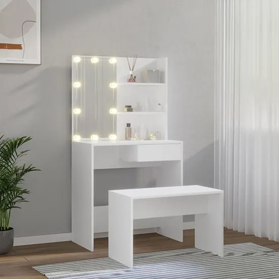 Taite Dressing Table Set with LED Lights - White, Engineered Wood