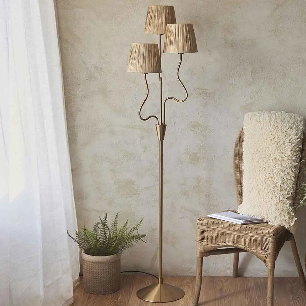 Tampa 3 Light Fabric Floor Lamp - Brass, Metal