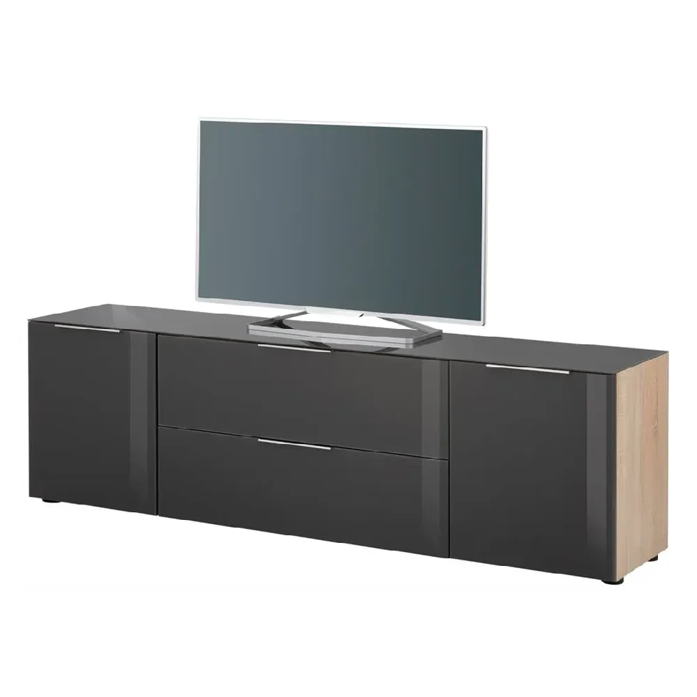 Taos Large TV Stand with Glass Top - Black, Oak