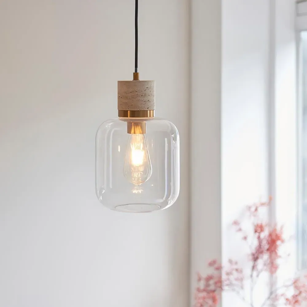 Tarrytown Clear Glass Pendant Light - Natural Travertine image
