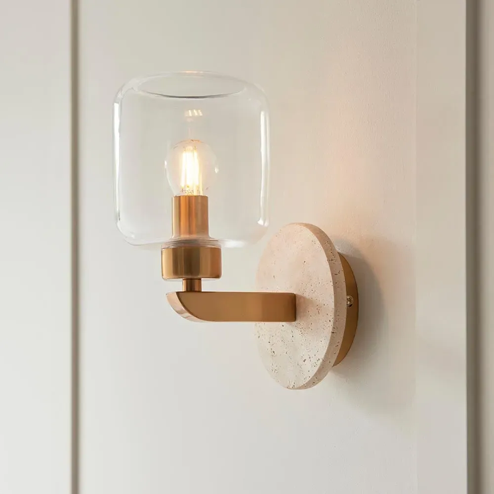 Tarrytown Clear Glass Wall Light - Natural, Travertine image