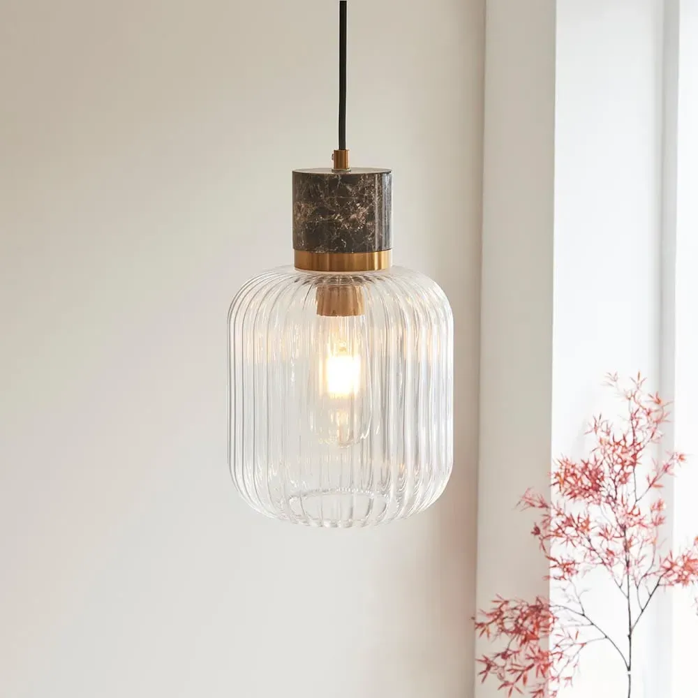 Tarrytown Ribbed Glass Pendant Light - Brown, Emperador Marble image