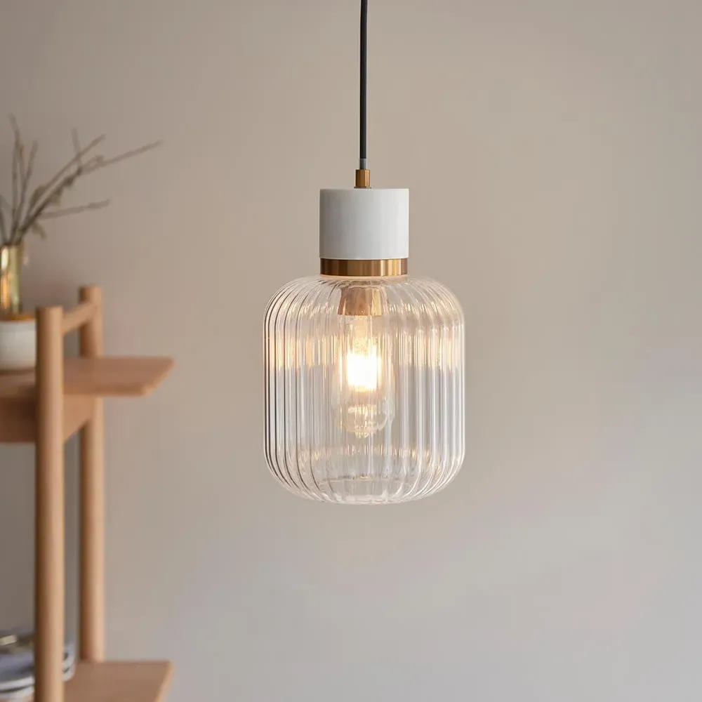 Tarrytown Ribbed Glass Pendant Light - White, Volakas Marble