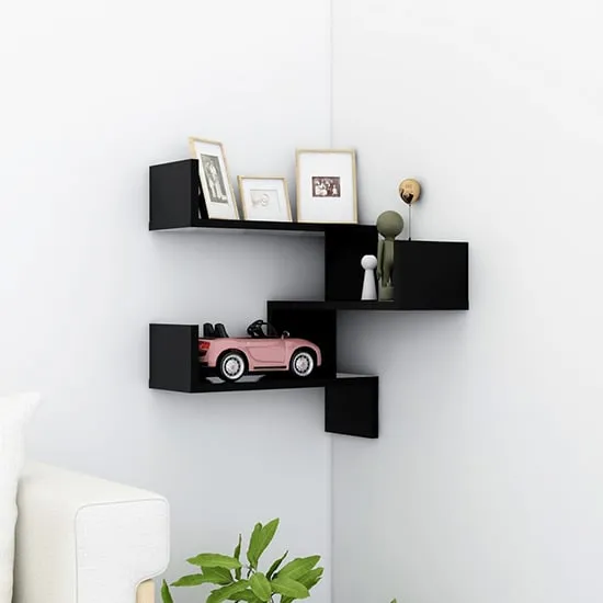 Tasya Corner Wall Shelf - Black, Engineered Wood