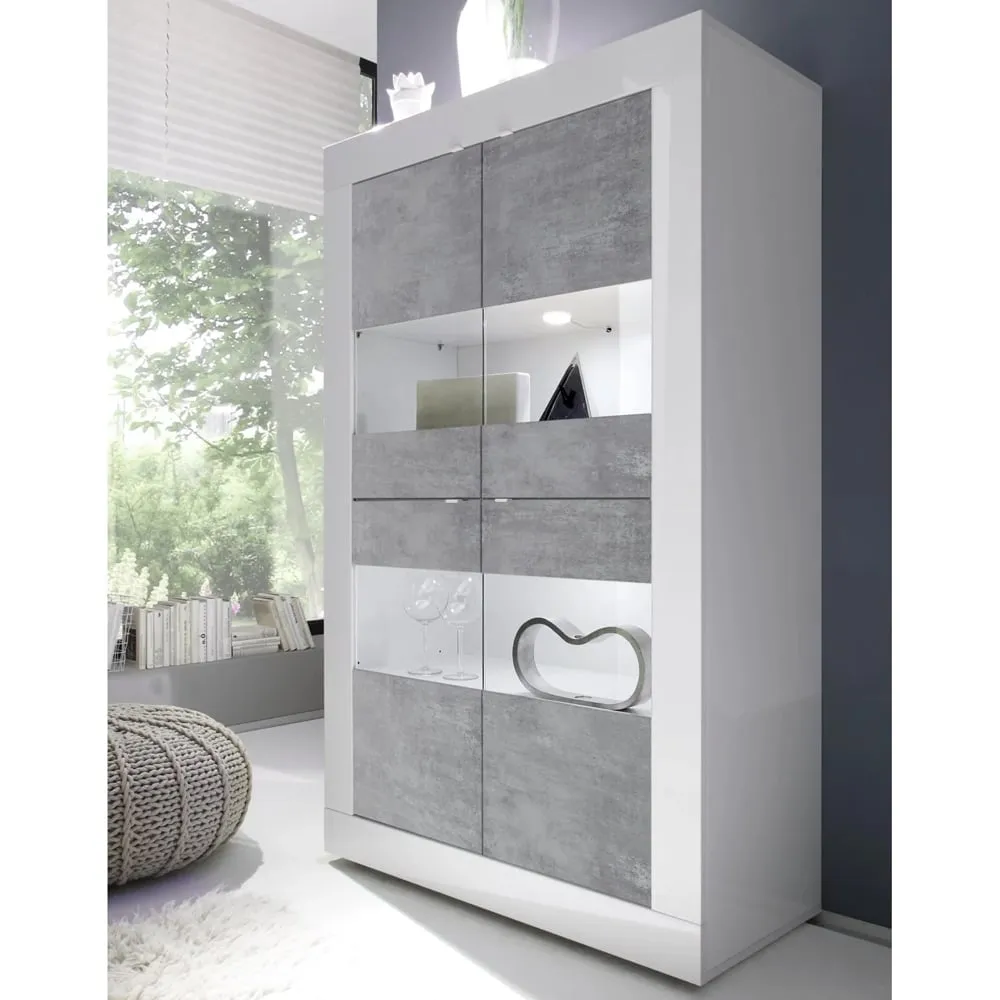 Taylor 4-Door Display Cabinet with LED - White, Cement