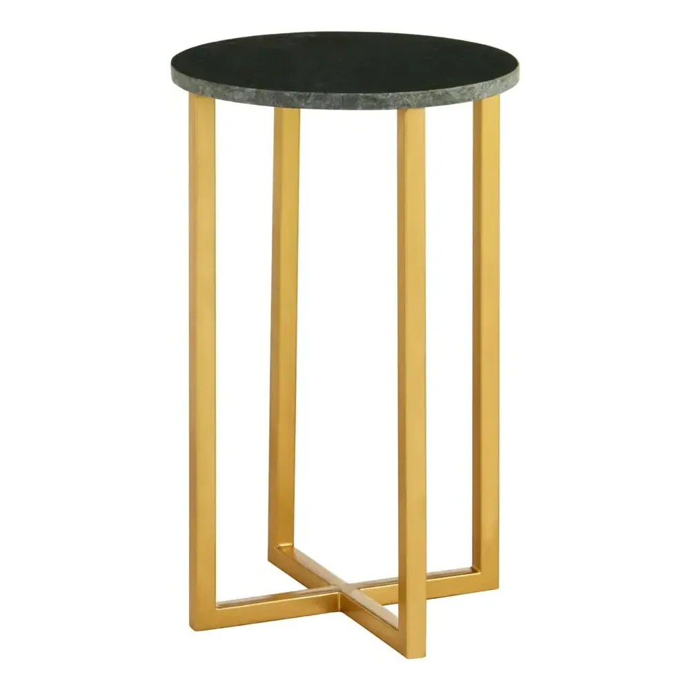Telluride Round Side Table with Gold Frame - Green, Marble