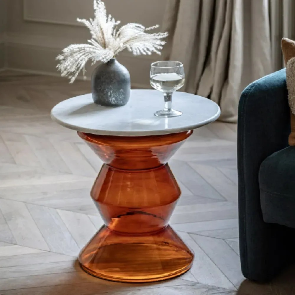 Temecula Round Side Table - White and Orange, Marble