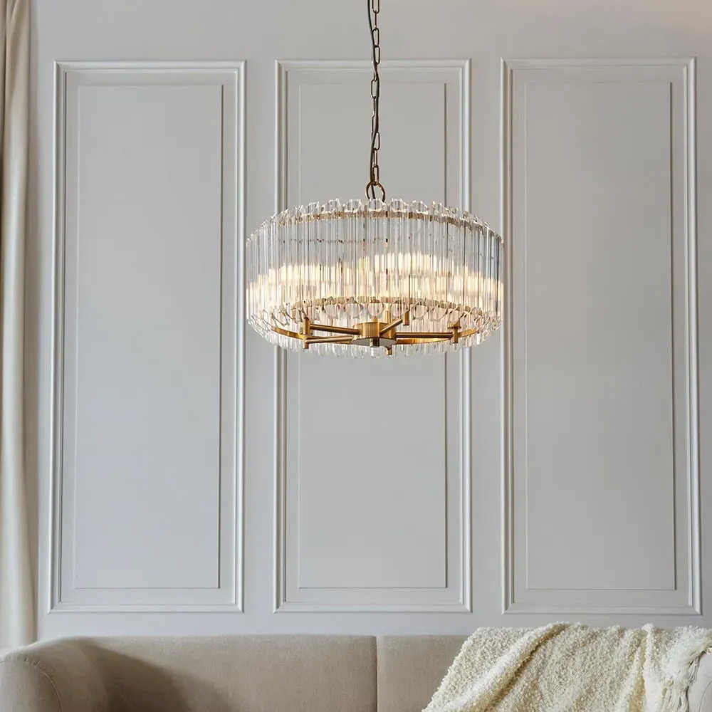 Thomas 5 Light Hexagonal Glass Pendant Light - Brushed Aged Brass