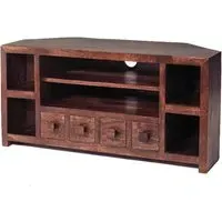Tivat Corner TV Stand - Dark Mahogany, Mango Wood