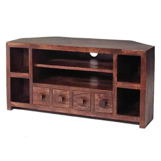 Tivat Corner TV Stand - Dark Mahogany, Mango Wood