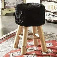 Tomball Round Stool with Oak Legs - Black, Textile Fabric