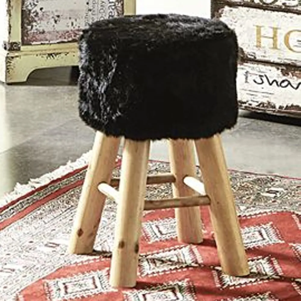 Tomball Round Stool with Oak Legs - Black, Textile Fabric image