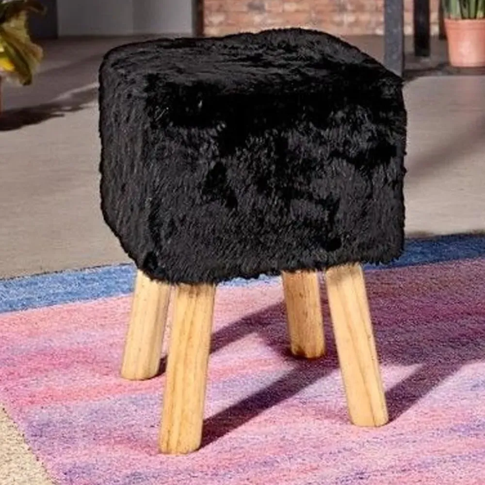 Tomball Square Stool with Oak Legs - Black, Textile Fabric