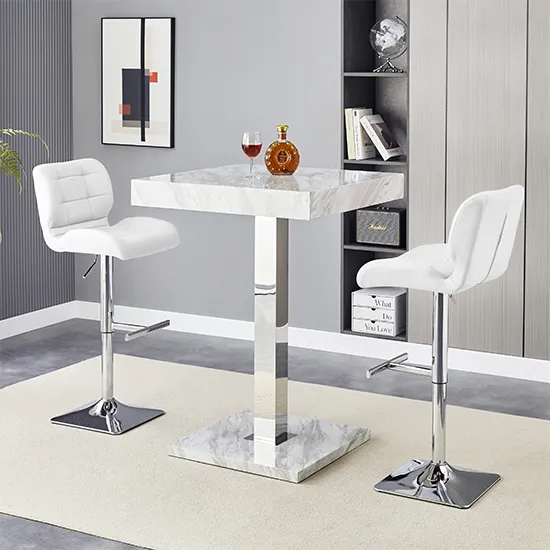Topaz Bar Table & 2 Candid Stools Set - White, High Gloss product