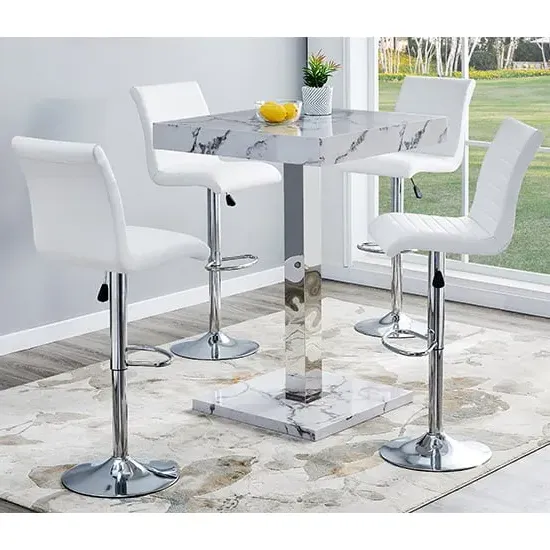Topaz Diva Square Bar Table with 4 Ripple Stools - White