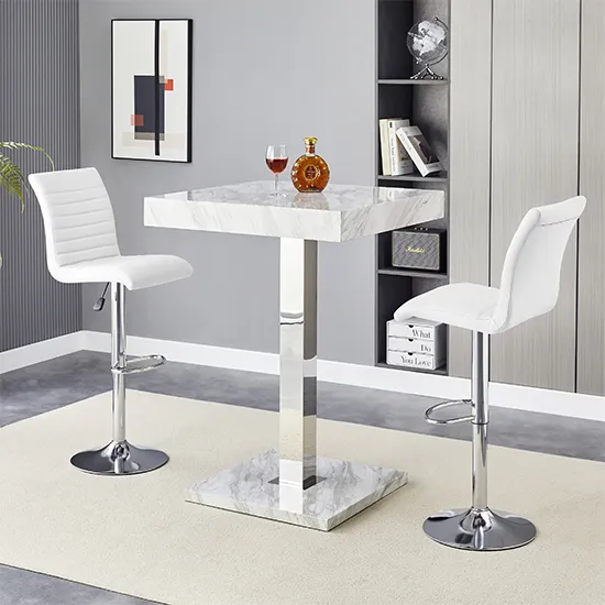 Topaz Magnesia Marble Effect Bar Table & 2 Ripple Stools - White, High Gloss product