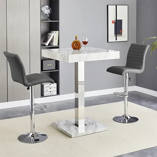 Topaz & Ripple Bar Table Set with 2 Stools - Grey, High Gloss product