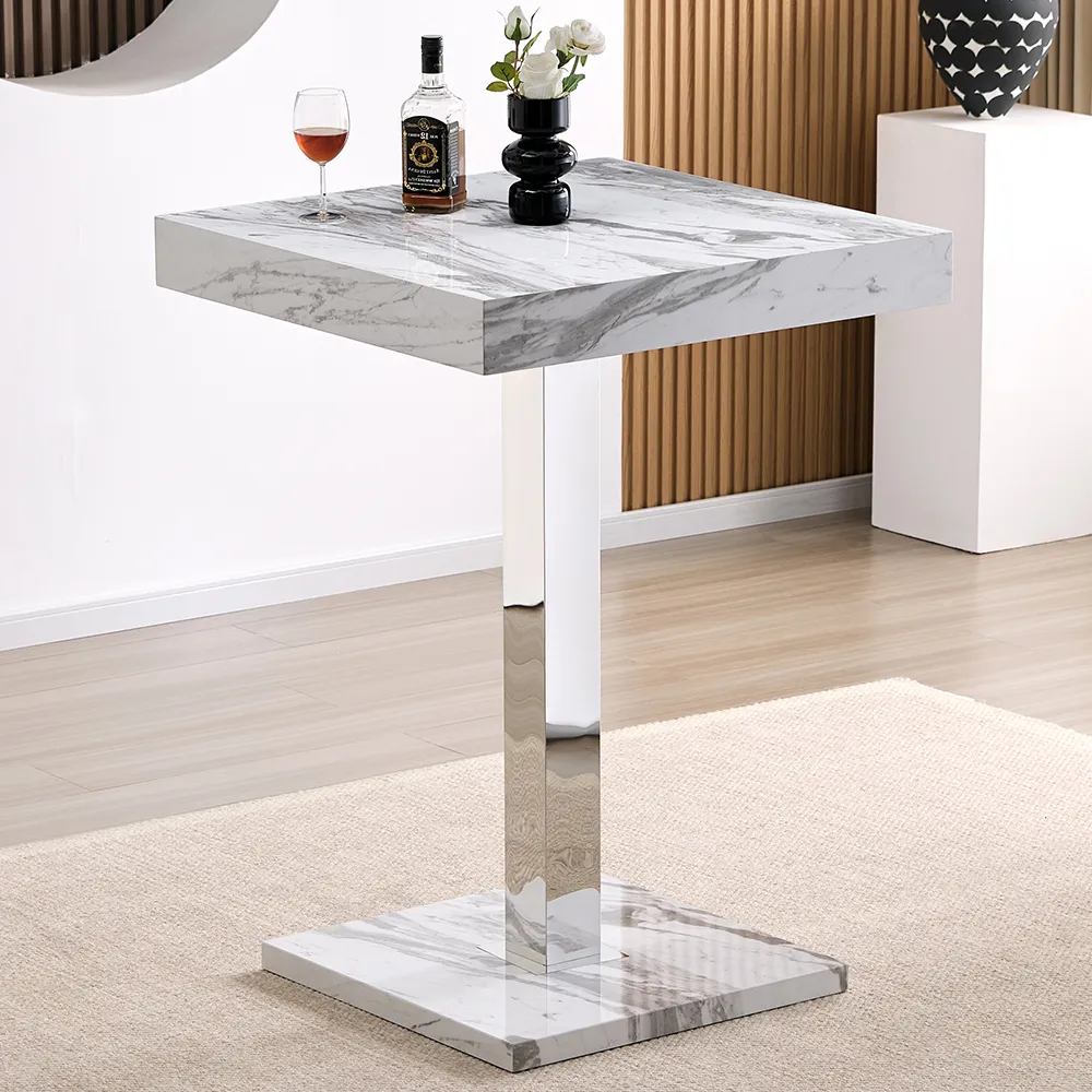 Topaz Square Bar Table - Filo Marble Effect, High Gloss