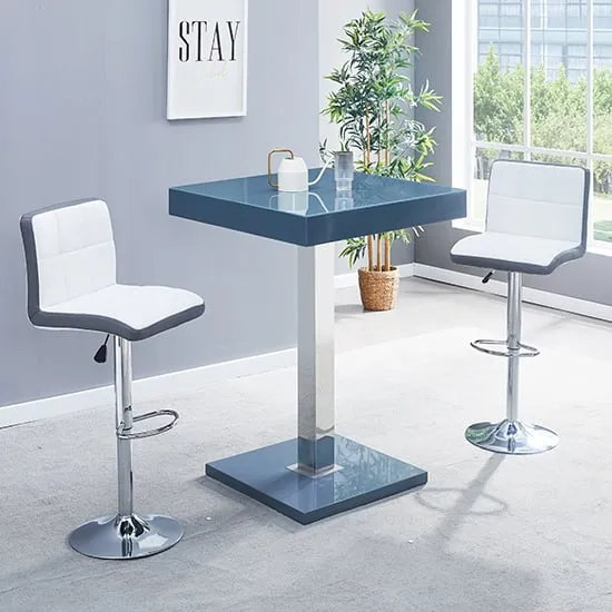 Topaz Square Bar Table Set with 2 Copez Stools - Grey, Glass image