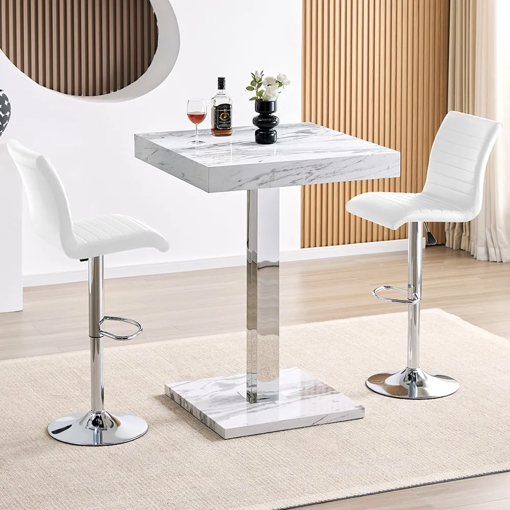 Topaz Square Bar Table Set with 2 Ripple Stools - White