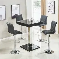 Topaz Square Bar Table Set with 4 Ripple Stools - Black, Glass