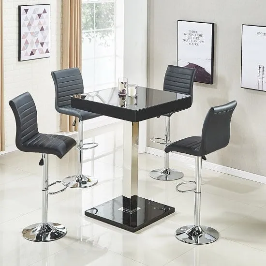 Topaz Square Bar Table Set with 4 Ripple Stools - Black, Glass